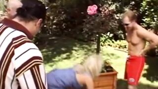 Outdoor Threesome For Trashy Blonde Housewife