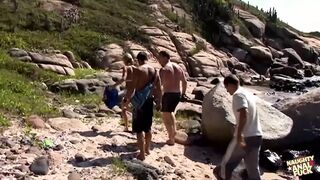 Three guys destroy a skinny blondes holes on the beach of an island